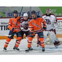 Peterborough Petes goaltender Easton Rye and defenceman Carson Cameron vs. the Flint Firebirds