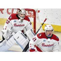 Allen Americans goaltender David Tendeck and defenseman Jackson Decker