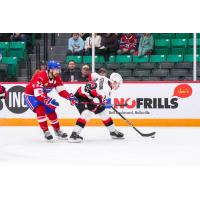 Belleville Senators right wing Oskar Pettersson (right) vs. the Laval Rocket