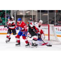 Belleville Senators center Keean Washkurak (right) stands watch vs. the Laval Rocket