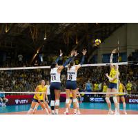 Orlando Valkyries middle blocker Kazmiere Brown and outside spiker Brittany Abercrombie