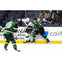 Texas Stars center Arttu Hyry (right) and forward Cameron Hughes vs. the Ontario Reign