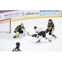 Wheeling Nailers goaltender Taylor Gauthier tips aside an Adirondack Thunder shot