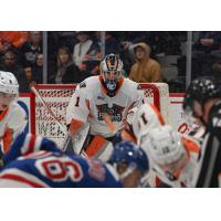 Flint Firebirds goaltender Mason Vaccari keeps an eye on the action