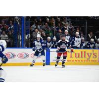 Syracuse Crunch Conor Geekie and Hartford Wolf Pack's Casey Fitzgerald on the ice