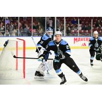 Atlanta Gladiators' Jack Matier (21), goalie Ethan Haider, and Ryan Conroy on game night