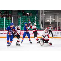 Belleville Senators goaltender Jackson Parsons and his defence vs. the Bridgeport Islanders