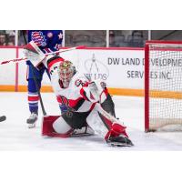 Belleville Senators goaltender Mads Søgaard sprawls to make a stop