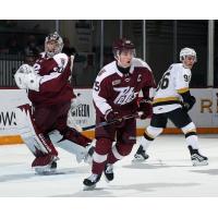 Peterborough Petes goaltender Easton Rye and defenceman Carson Cameron vs. the Kingston Frontenacs