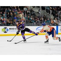 San Jose Barracuda's Ethan Cardwell and Bakersfield Condors' Beau Akey in action