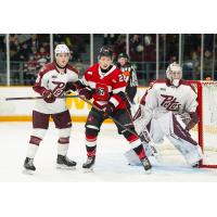 Peterborough Petes goaltender Masen Johnston and defenceman Garrett Frazer vs. the Ottawa 67's