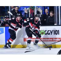 Belleville Senators right wing Oskar Pettersson (left) and defenceman Dennis Gilbert