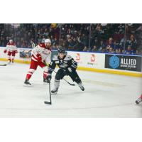 Allen Americans' Colton Hargrove and Idaho Steelheads' Jordan Steinmetz on the ice
