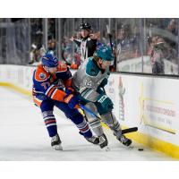 Bakersfield Condors' Luke Prokop battles San Jose Barracuda's Kasper Halttunen