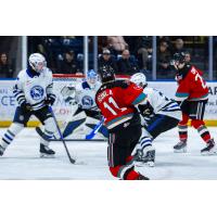 Kelowna Rockets forward Tij Iginla fires a shot against the Wenatchee Wild