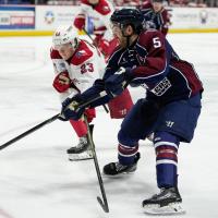 Allen Americans' Sam Sedley and Tulsa Oilers' Duggie Lagrone in action