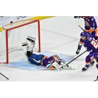 Orlando Solar Bears goaltender Colby Muise sprawls to make a save
