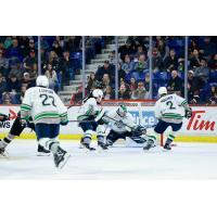 Vancouver Giants look for a goal against the Seattle Thunderbirds