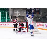 Syracuse Crunch center Dylan Duke reacts after his goal against the Belleville Senators
