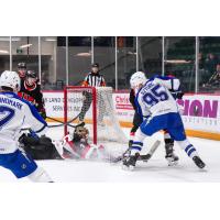 Belleville Senators goaltender Leevi Meriläinen dives to make a save against the Syracuse Crunch