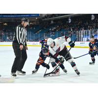 Kelowna Rockets centre Owen Folstrom (right) faces off with the Kamloops Blazers