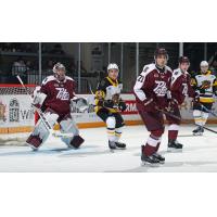 Peterborough Petes goaltender Easton Rye and defenceman James Petrovski vs. the Brantford Bulldogs