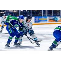 Penticton Vees left wing Brady Birnie (right) vs. the Swift Current Broncos