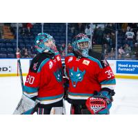 Kelowna Rockets goaltenders Harrison Boettiger (left) and Josh Banini