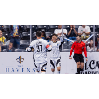 San Diego Sockers' Sebastian Mendez celebrates a goal with Kraig Chiles