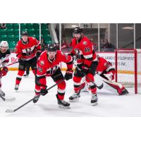 Belleville Senators right wing Hayden Hodgson (left) and defenceman Dennis Gilbert vs. the Utica Comets