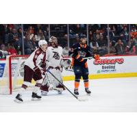 Peterborough Petes defenceman Garrett Frazer and goaltender Easton Rye vs. the Flint Firebirds