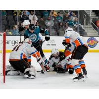 San Jose Barracuda forward Lucas Vanroboys fights for the puck vs. the San Diego Gulls