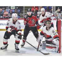 Belleville Senators goaltender Leevi Meriläinen and defenceman Scott Harrington vs. the Utica Comets