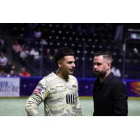 Tacoma Stars goalkeeper Luis Birrueta talks with head coach Adam Becker