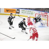 Brayden Watts of the Allen Americans (bottom) vs. the Idaho Steelheads
