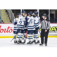 Penticton Vees huddle vs. the Prince George Cougars