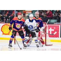 Wenatchee Wild's Levi Benson and Prince George Cougars' Bauer Dumanski and Alexander Levshyn