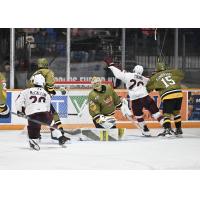 Peterborough Petes centre Aiden Young reacts after his goal vs. the North Bay Battalion