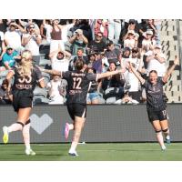 Angel City Football Club midfielder Kennedy Fuller reacts after her opening goal