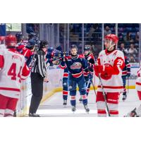 Saginaw Spirit exchange fist bumps along the bench