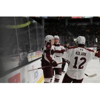 Peterborough Petes left wing Leon Kolarik congratulates centre Yanis Lutz