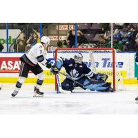Kelowna Rockets' Ty Halaburda and Penticton Vees' AJ Reyelts in action