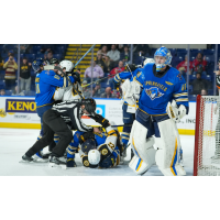 Springfield Thunderbirds tangle with the Providence Bruins near Springfield goaltender Will Cranley