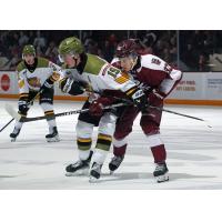Peterborough Petes right wing Matthew Soto (right) vs. the North Bay Battalion