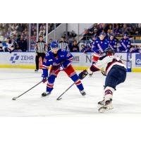 Kitchener Rangers left wing Christian Humphreys with the puck vs. the Saginaw Spirit