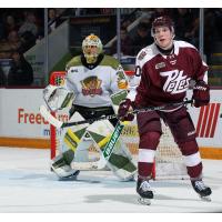Peterborough Petes centre Adam Levac vs. the North Bay Battalion