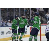 Florida Everblades forwards Anthony Romano (29), Hudson Elynuik (91) and Carson Gicewicz (15)