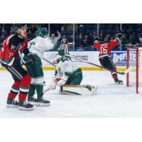 Kelowna Rockets right wing Carson Wetsch reacts after his goal against the Everett Silvertips