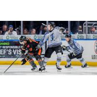 Kansas City's Nolan Sullivan and Wichita Thunder's T.J. Lloyd and Spencer Blackwell in action