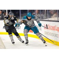 Henderson Silver Knights' Raphaël Lavoie and San Jose Barracuda's Lucas Vanroboys in action
